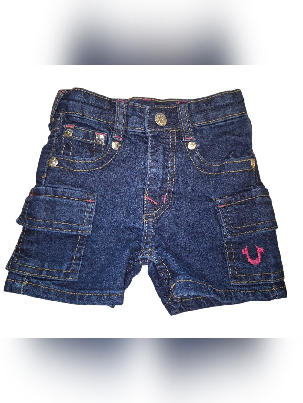 True Religion Toddler Girls Denim Cargo Shorts Pink Stitching Logo Pockets 2T